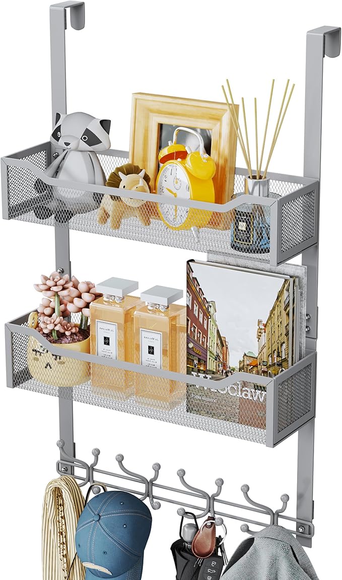 SWTYMIKI Over The Door Hooks Organizer - Multi-Functional Door Hanger with 16 Hooks & 2 Mesh Baskets, Long Coat Rack for Bath