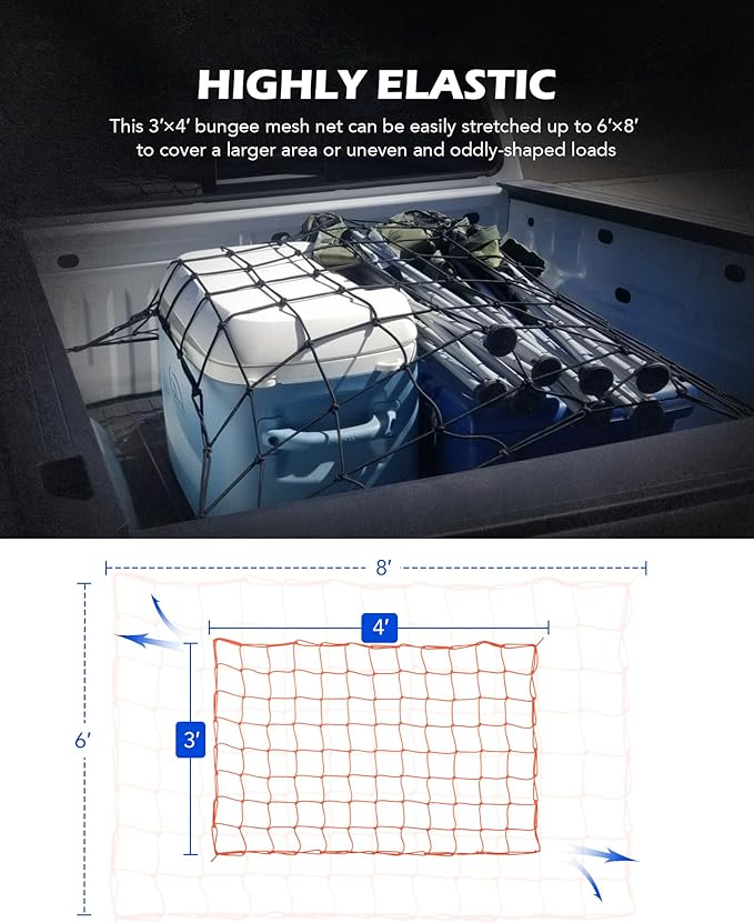 Orion Motor Tech Small Cargo Net, 3'x4' Cargo Net for Roof Rack with 4"x4" Small Mesh, 6'x8' Max Size Truck Bed Net with Locking Carabiners, Straps, Automotive Cargo Net (3 x 4 ft., Orange)