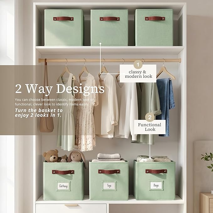 DECOMOMO Storage Bins, Cube Storage Bin with Labels, Fabric Storage Cubes for Shelves (10.5" x 11" / 6pcs, Sage Green)