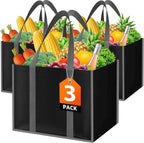 WISELIFE Reusable Grocery Bags with Handles - 3 Pack, 35L Large Shopping Bags for Groceries, Water-Resistant & Foldable Grocery Totes for Lasting Use for Kitchen, Market, Car Trunk, Picnic (Black)