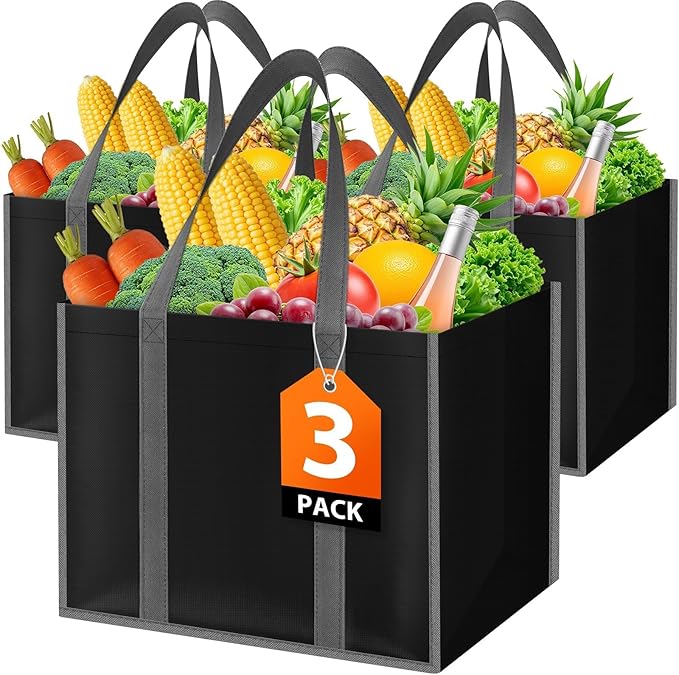 WISELIFE Reusable Grocery Bags with Handles - 3 Pack, 35L Large Shopping Bags for Groceries, Water-Resistant & Foldable Grocery Totes for Lasting Use for Kitchen, Market, Car Trunk, Picnic (Black)