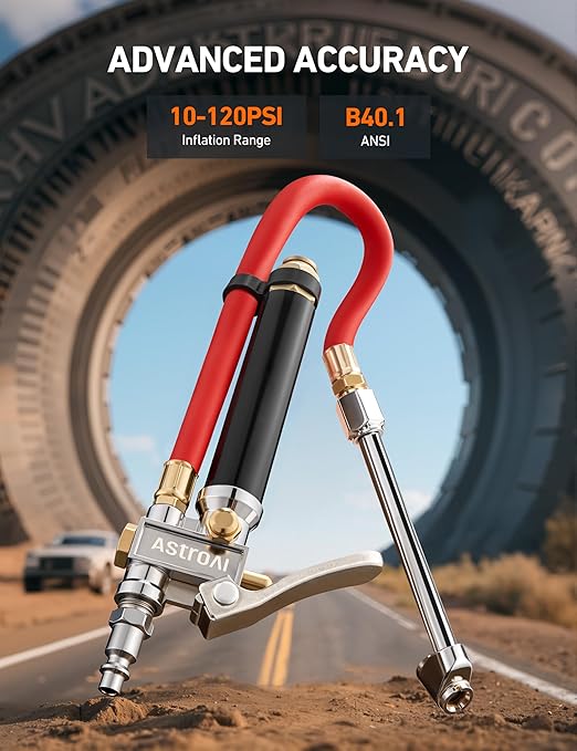 AstroAI T3 Heavy-Duty Tire Pressure Gauge with Inflator, Dual Head Chuck ANSI B40.1 Accurate Air Chuck with Pressure Gauge, 10-120 PSI, Compatible with 1/4" NPT Air Compressor