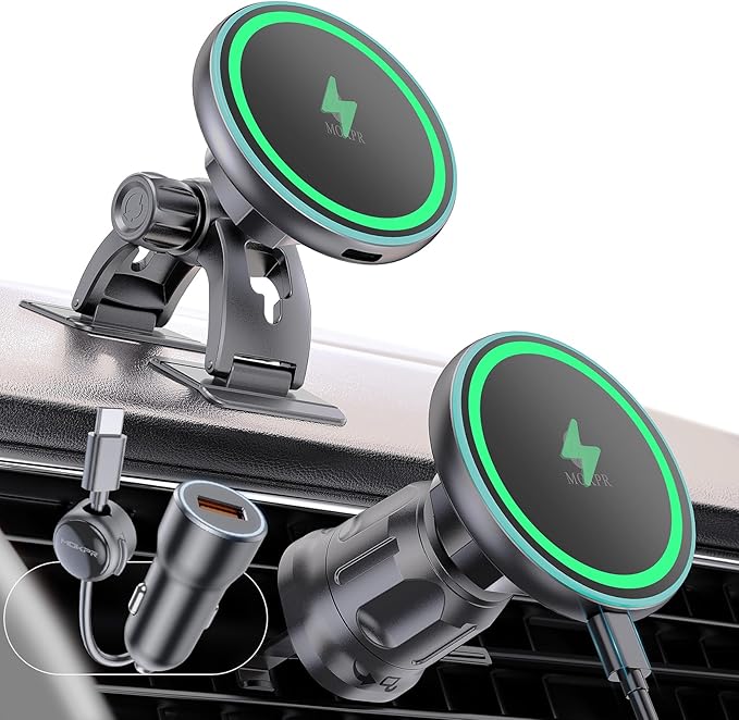 MOKPR for iPhone Magsafe Car Mount Charger, Wireless Car Charger Magnetic Car Phone Holder for Dash Air Vent-LED HandsFree Car Mount Fast Car Charger for iPhone 17/16/15/14/13/12