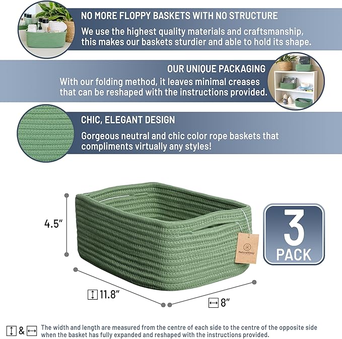 NaturalCozy 11.8"x8"x4.5” Rectangle Storage Baskets for Shelves 3 Pack | Cotton Rope Woven Small Baskets for Organizing | Sma