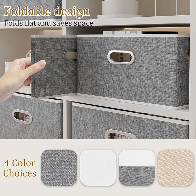 Yawinhe Foldable Storage Baskets for Shelves, Fabric Closet Organizers, Bins with 3 Handles, Cubes for Clothes, Grey, 15''Lx9