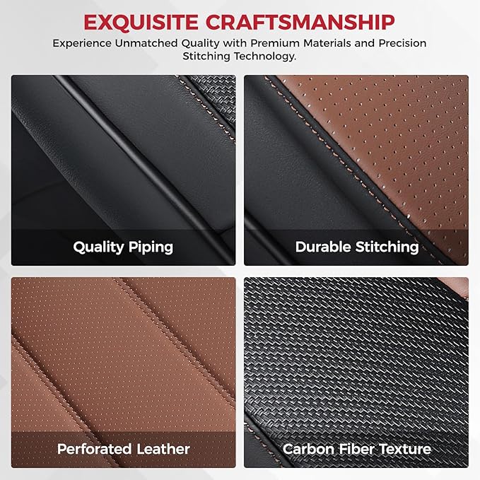 FREESOO Black Brown Front Car Seat Covers - Faux Nappa Leather Seat Covers for Cars, with Carbon Fiber Texture Seatbelt Pads,