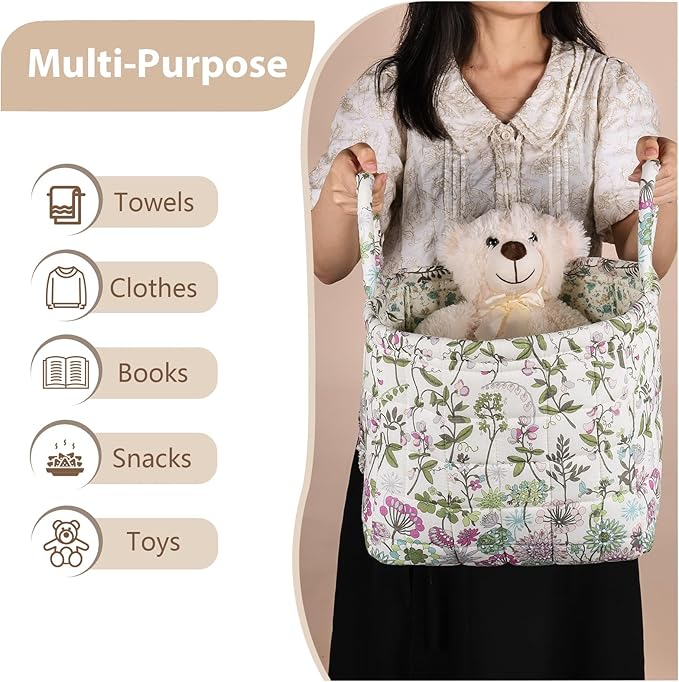 Storage Basket Boho Fabric Large Collapsible Floral Laundry Nursery Hamper Portable Folding Storage for Clothes Toys (Purple)