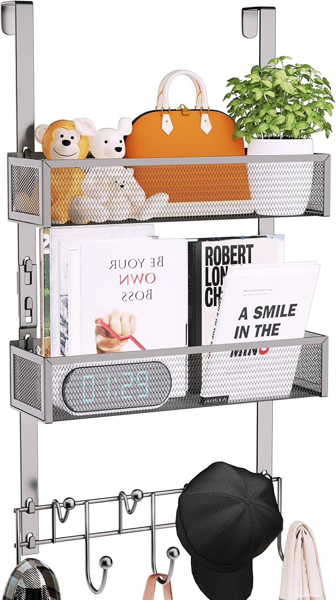 Consumest Over The Door Hooks Organizer - Extra Long Door Hanger with 9 Coat Hooks & 2 Mesh Basket, Back Storage Organizer Ha