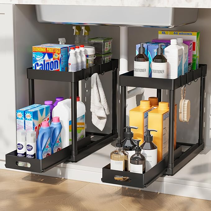 2 Pack Pull-Out Storage Organizers, Under Sink Organizer and Storage for Bathroom & Kitchen,Multi-Purpose Under Cabinet Organ