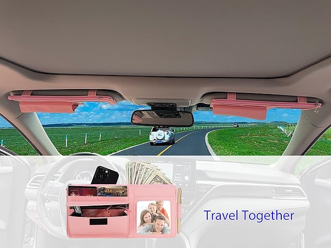 Car Visor Organizer for Auto Interior Accessories - Sunvisor Organizers with Glasses Holder and Picture Frame, Cute Visor Accessories for Women, Car Essentials for Truck You Must Have - Pink
