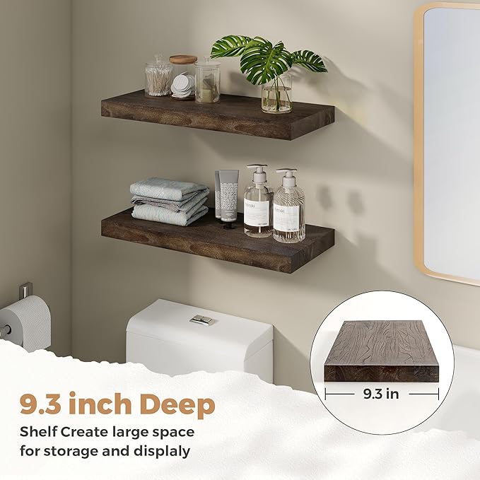 RICHFOCUS Elm Floating Shelves for Wall - 24" W x 9.3" D Rustic Solid Wood Shelves with Invisible Bracket, Wall-Mounted for L