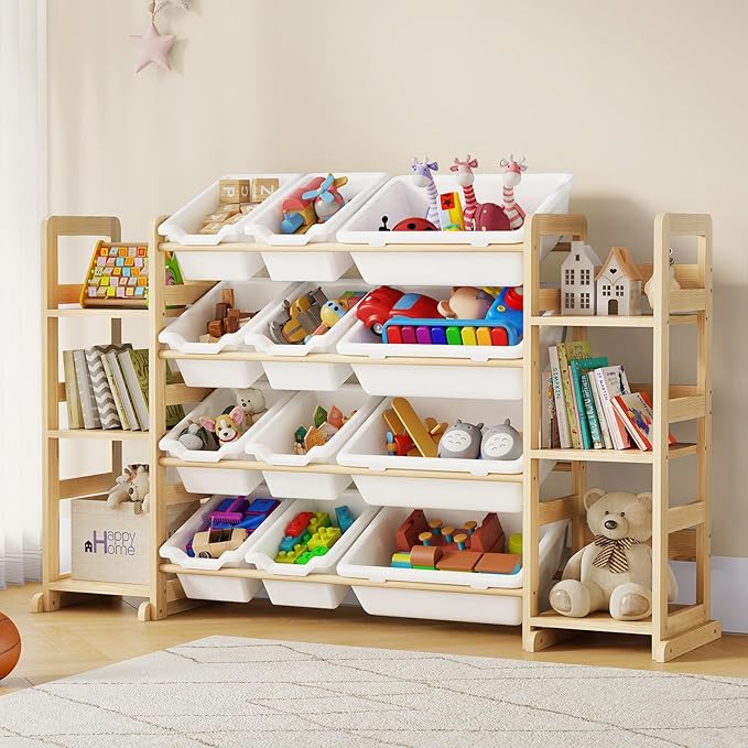 EXPERLAM Extra Large Toy Storage - Toy Storage Organizer, Wooden Toy Organizer with 6 Side Shelves and 12 Bins, 3-in-1 Booksh