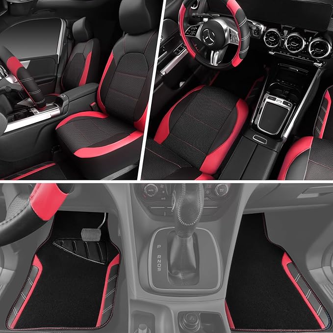 CAR PASS Air Mesh Leather Car Seat Covers for Front Seats, Waterproof Car Floor Mats, Sporty Steering Wheel Cover, Universal 