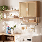 INNOD Rattan Bathroom Wall Cabinet with Towel Bar, Wall-Mounted Medicine Cabinet with Adjustable Wood Shelf & Doors, Over The