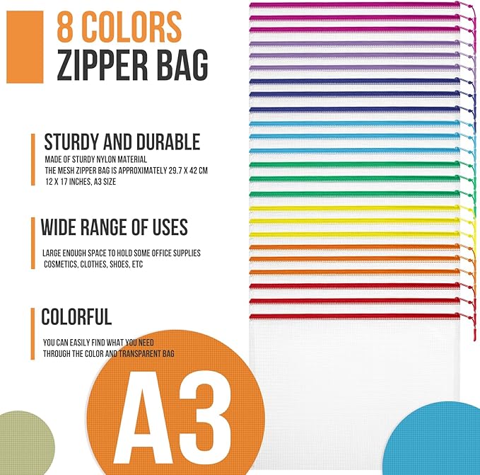 24pcs Mesh Zipper Pouch File Bags Puzzle Storage Bags, A3 17x12 Inches Large Reusable Zipper Pouches for Organizing Classroom