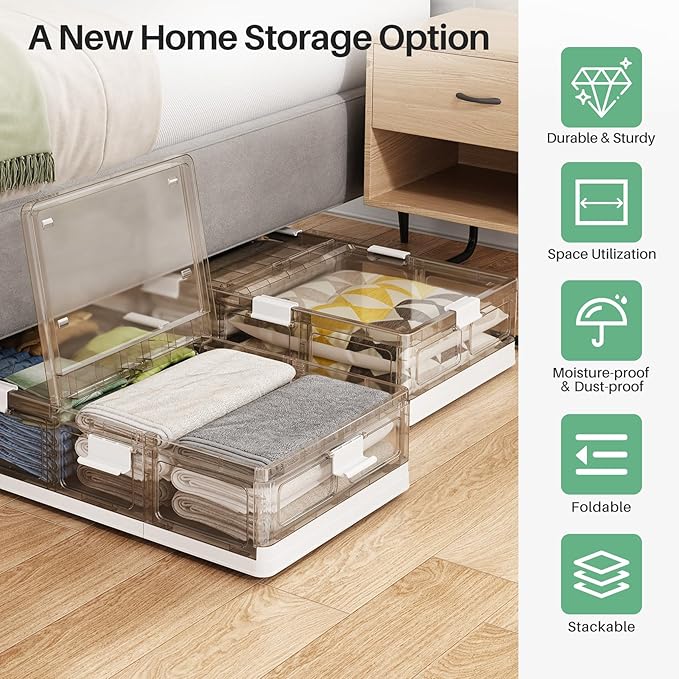 Kitstorack Plastic Under Bed Storage Containers,2 Pack Underbed Storage with Wheels,Foldable and Stackable Under Bed Organize