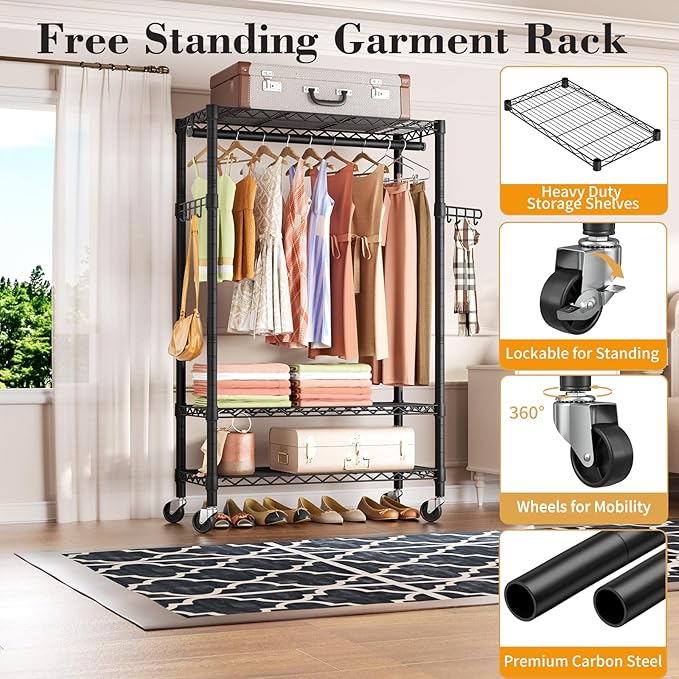 Heavy Duty Clothes Rack Rolling Garment Rack,3 Tier Adjustable Wire Shelving Clothing Racks for Hanging Clothes with Hanger R