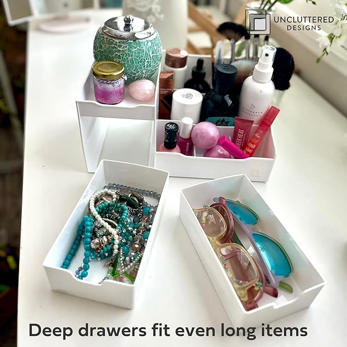 Uncluttered Designs Large Makeup Organizer for Vanity - Countertop Desk With Drawers for Cosmetic, Beauty, Hair, Nail, Perfum