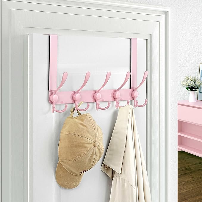 Dseap Over The Door Hook Hanger - Fits 1 3/8" to 1 3/4" Standard Doors | 5 Tri Hooks Heavy Duty Towel/Coat Rack | Door Organi