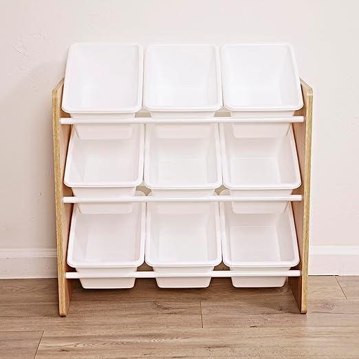 ECR4Kids 3-Tier Organizer with 9 Removable Plastic Bins, 3x3, Toy Storage, Dark Natural/White