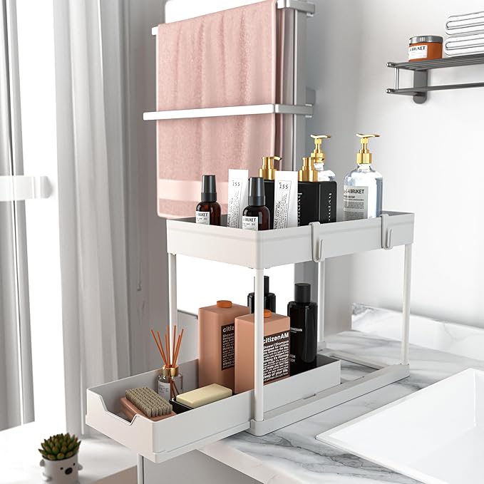 MEAFBIRD 2 Pack Under Sink Organizer, 2 Tier Bathroom Cabinet Organizer with Sliding Basket, Multi-Purpose Under Sink Organiz