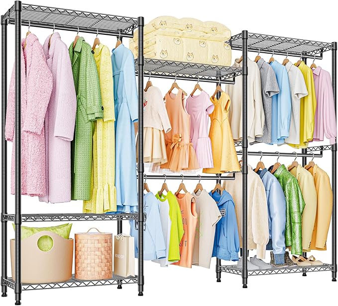 M MZG Heavy Duty Rolling Garment Rack 6 Tiers Adjustable Wire Shelving Clothes Rack with Rods Storage Closet Clothing Rack Bl