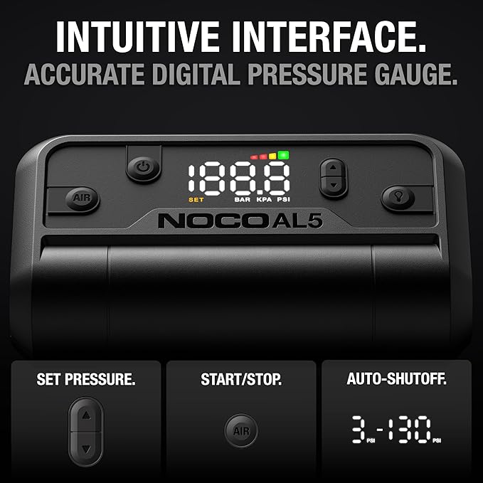 NOCO Air AL5: Cordless Tire Inflator – Portable Rechargeable Air Compressor with USB-C – 17 LPM Inflates 0–40 PSI in 7 Minutes – Digital Gauge + Auto-Shutoff – For Tires up to 31-Inches