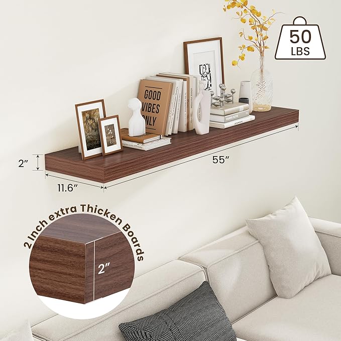 12 Inch Deep Floating Shelves | 55 Inch Walnut Floating Shelves | 55" W x 12" D Rustic Wood Shelves for Wall | Deep Walnut Sh