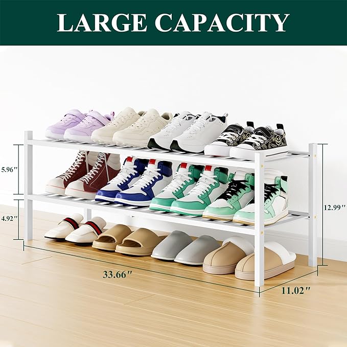 Smiry Shoe Rack, 2 Tier Long Bamboo Shoe Organizer, Stackable Free Standing Wooden Shoe Storage Shelf for Closet, Entryway, F