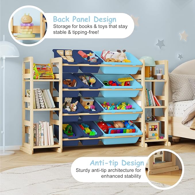 EXPERLAM Extra Large Toy Storage - Toy Storage Organizer, Wooden Toy Organizer with 6 Side Shelves and 12 Bins, 3-in-1 Booksh