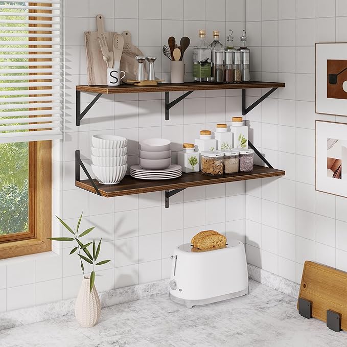 Walnut Deep Floating Shelves for Wall,36" Wx10 D Wood Wall Shelves with Metal Brackets,Hanging Storage Floating Shelf for Liv