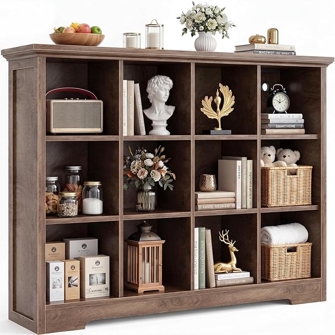 Aheaplus Wooden 12-Cube Storage Organizer with Charging Ports, Modern Cube Bookcase with Base, 4-Tier Floor Standing Open Cub