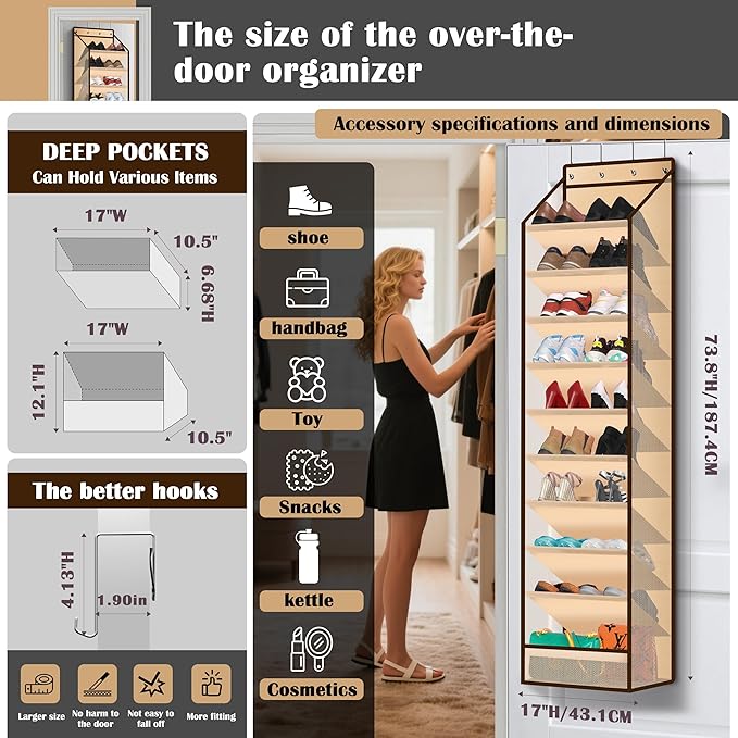 10 - Pocket Over - the - Door Hanging Shoe Organizers & Rack, Made of Sturdy 600D Oxford + Non - Woven Fabric, Space - Saving