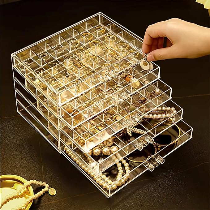 Clear Jewelry Box, Jewelry Organizer with 5 Drawers, 5-Layer Acrylic Storage Box for Women, Earring Display Holder for Earrin