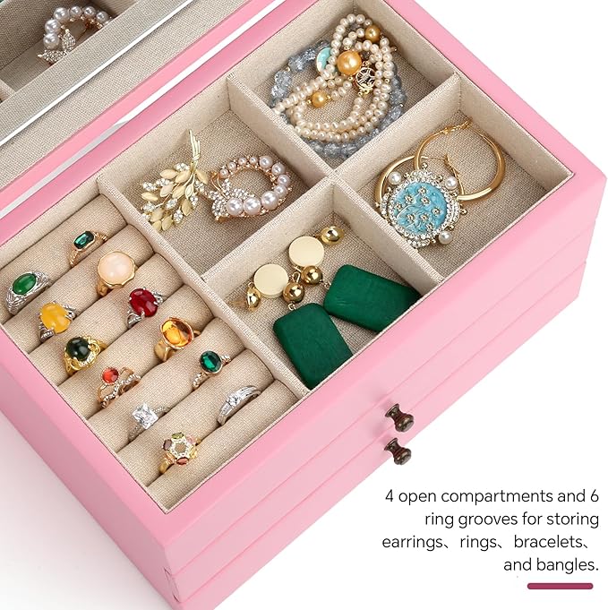 Meangood Jewelry Box Organizer for Women, 3 Layer Large Jewelry Storage Case, Rustic Wooden Jewelry Box with Mirror & Ring Tr