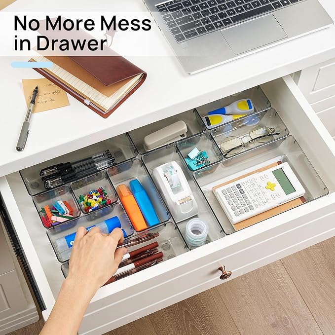 Vtopmart 25 PCS Office Desk Drawer Organizers Set, 4-Size Versatile Plastic Drawer Organizer Trays, Storage Bins for Desk Acc