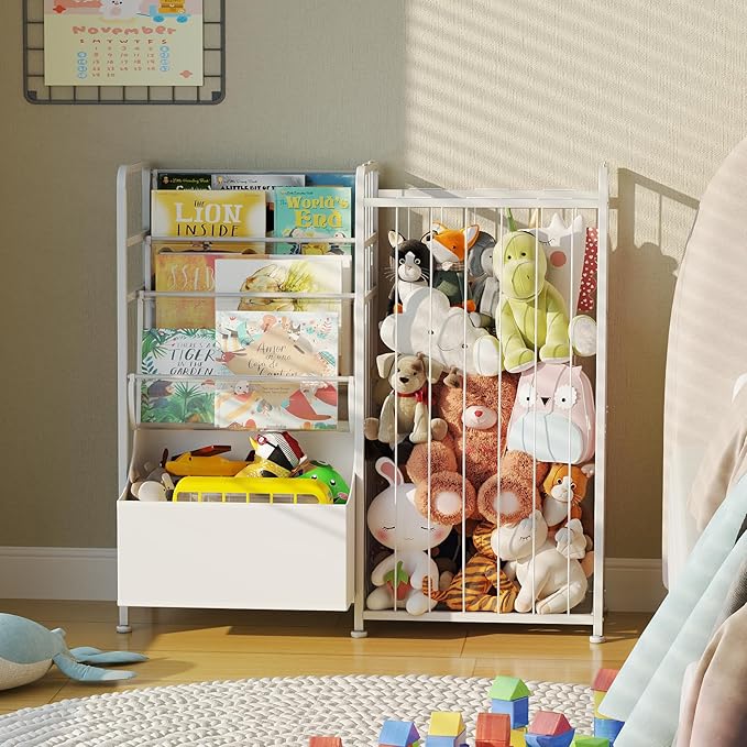 BBLIKE Kids Bookshelf and Stuffed Animal Storage - Multi-Function Nursery Book Shelves with Leather Toy Box and PVC Book Disp