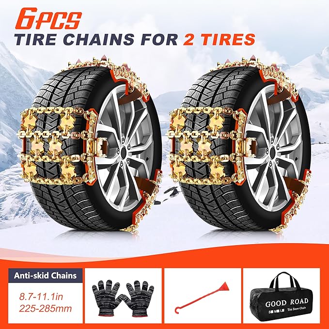 Tire Chains, Snow Chains, Anti-slip for Trucks Car SUV RV, Emergency Tire Chains, Tire Width 225-285 mm, Set of 6