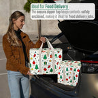 VENO 2 Pack Cooler Bag, Insulated Grocery Bags for Food Delivery, Collapsible Cooler, Reusable Shopping Bags for Groceries, Hard Bottom, Water Resistant, Zippered, Foldable (Jingle Mix, 2 Pack)