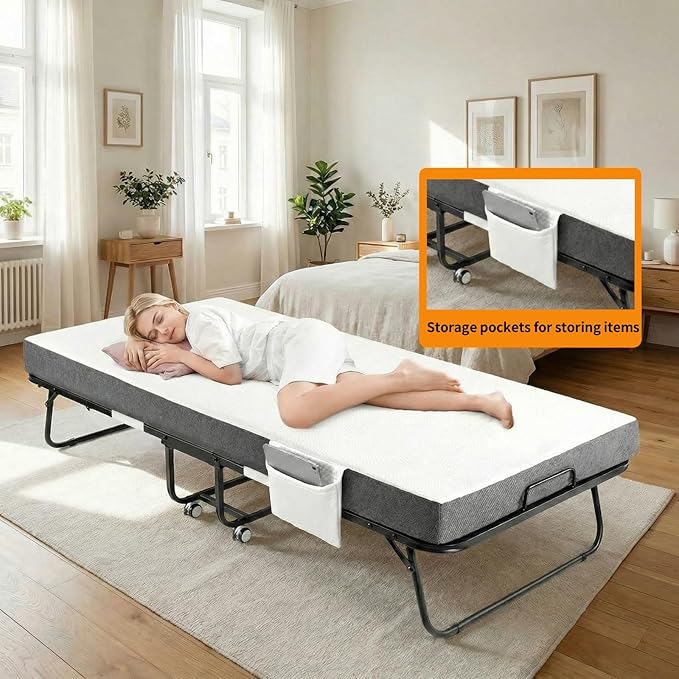 MAMIZO Foldable Bed,Portable Bed,Folding Bed with Mattress,75" x 31" Twin Size Rollaway Bed with Mattress for Adults,Metal Fr