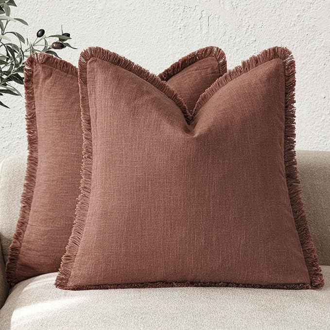 Foindtower Set of 2 Decorative Linen Fringe Throw Pillow Covers Boho Farmhouse Cushion Cover with Tassels Soft Accent Pillowc