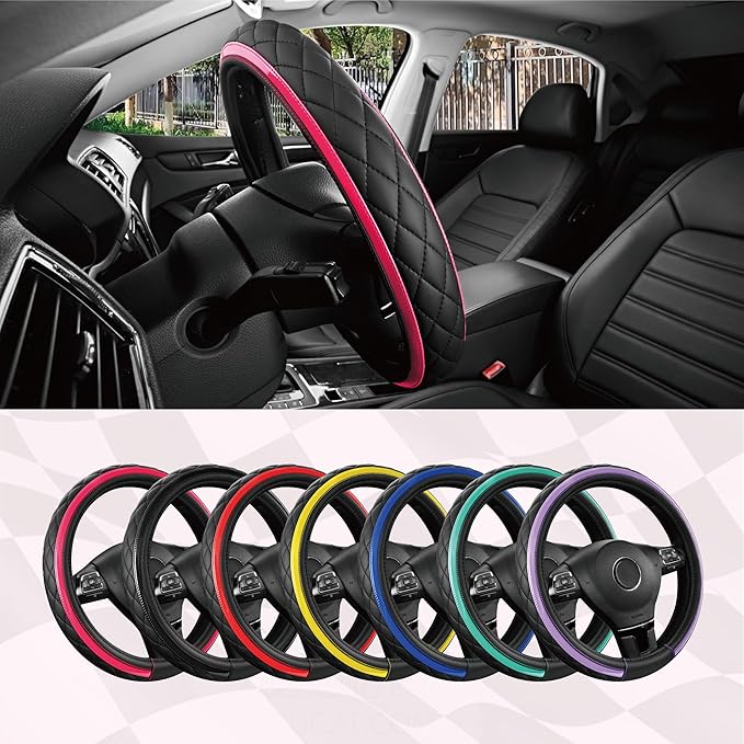 Road Comforts Leather Steering Wheel Cover – Black & Hot Pink, Universal Fit 14.5-15 Inch, Microfiber Leather, Anti-Slip & Br