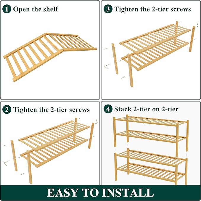 Smiry Bamboo Shoe Rack for Closet, 4 Tier Long Wooden Stackable Shoe Organizer, Free Standing Shoes Storage Shelf for Entrywa