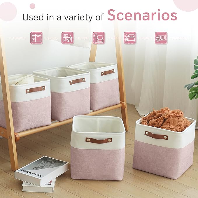 FinishingBo Cube Storage Baskets 6 Pack, 11x11 inch Cube Storage Bins with Leather Handles for Shelf Closet (White/ Pink)