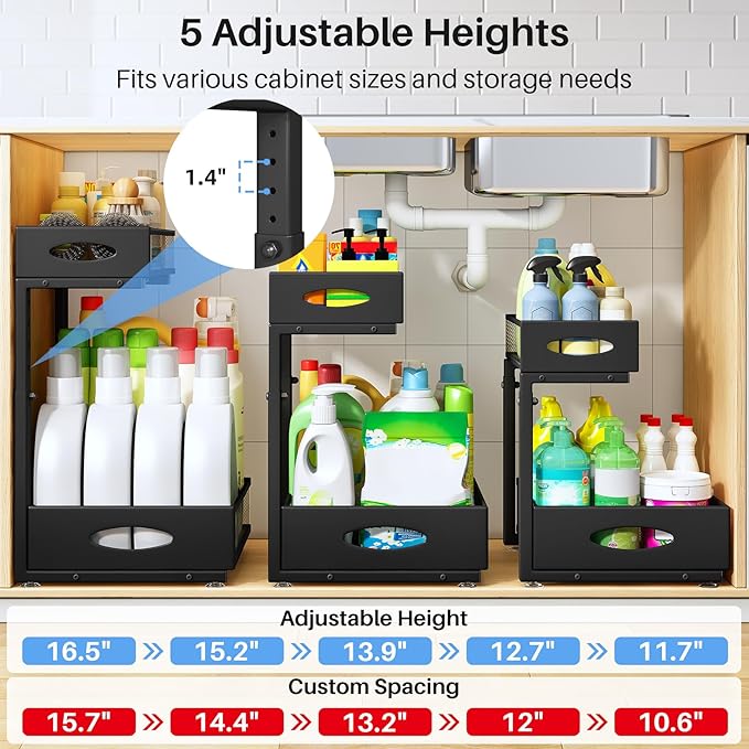 Under Sink Organizer, 2 Pack 2 Tier Pull Out Under Cabinet Organizer Shelf with Pad for Framed Cabinets, Metal Slide Out Unde