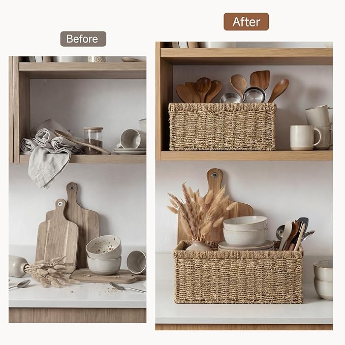 StorageWorks Wicker Storage Baskets, Handwoven Seagrass Basket for Organizing, Decorative Organizers with Built-in Handles, S