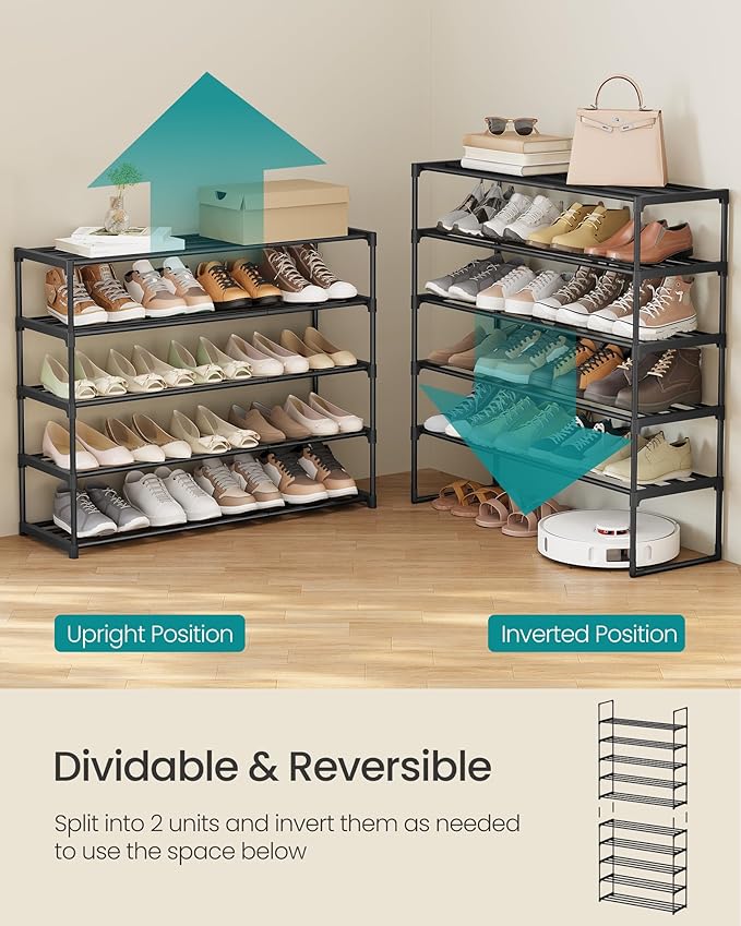 SONGMICS Shoe Rack, 10-Tier Shoe Organizer, Metal Storage Shelf, Upright or Upside Down, for 44-55 Pairs, for Entryway, 11.8 