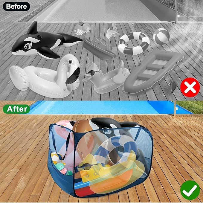 Large Pop up Pool Toy Storage Bin,47"X47"X30"Pool Float Organizer Bag with 2 Side Pockets Mesh Swimming Pool Toys Organizer w