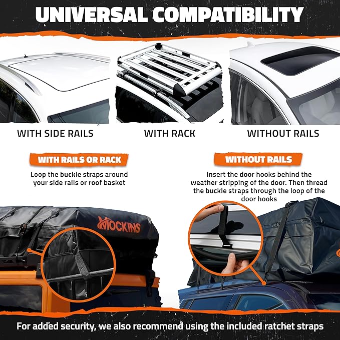 Mockins XXL 50 CuFt Car Rooftop Cargo Carrier Bag | Massive 85"x50"x20" Heavy Duty Car Luggage Roof Carrier Bag | All-Weather Vinyl Vehicle Soft-Shell Carriers with Anti-Slip Mat, Lock, Straps & Hooks