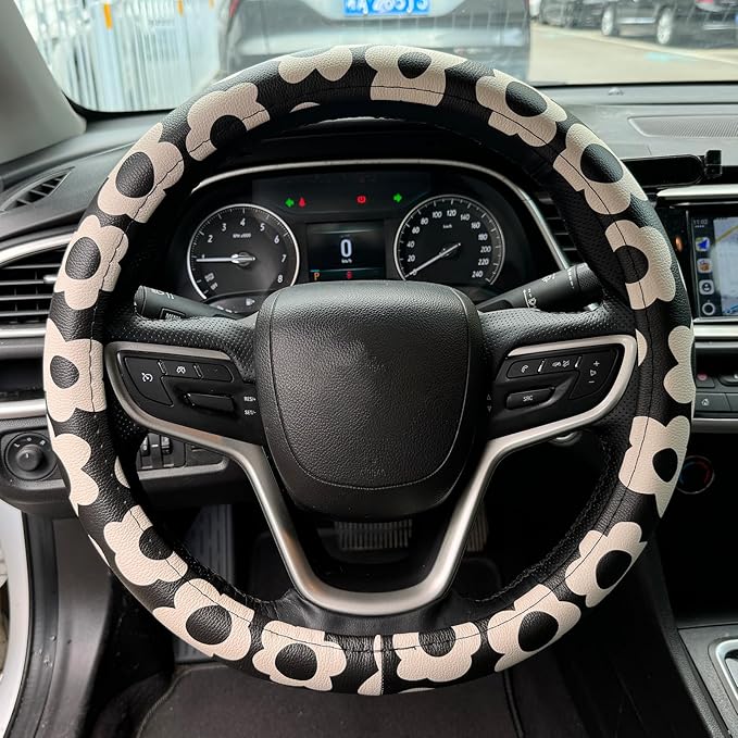 Vintage Groovy Flowers Car Leather Steering Wheel Cover - 15-inch Universal Microfiber- Soft & Breathable & Silicone Anti Sli
